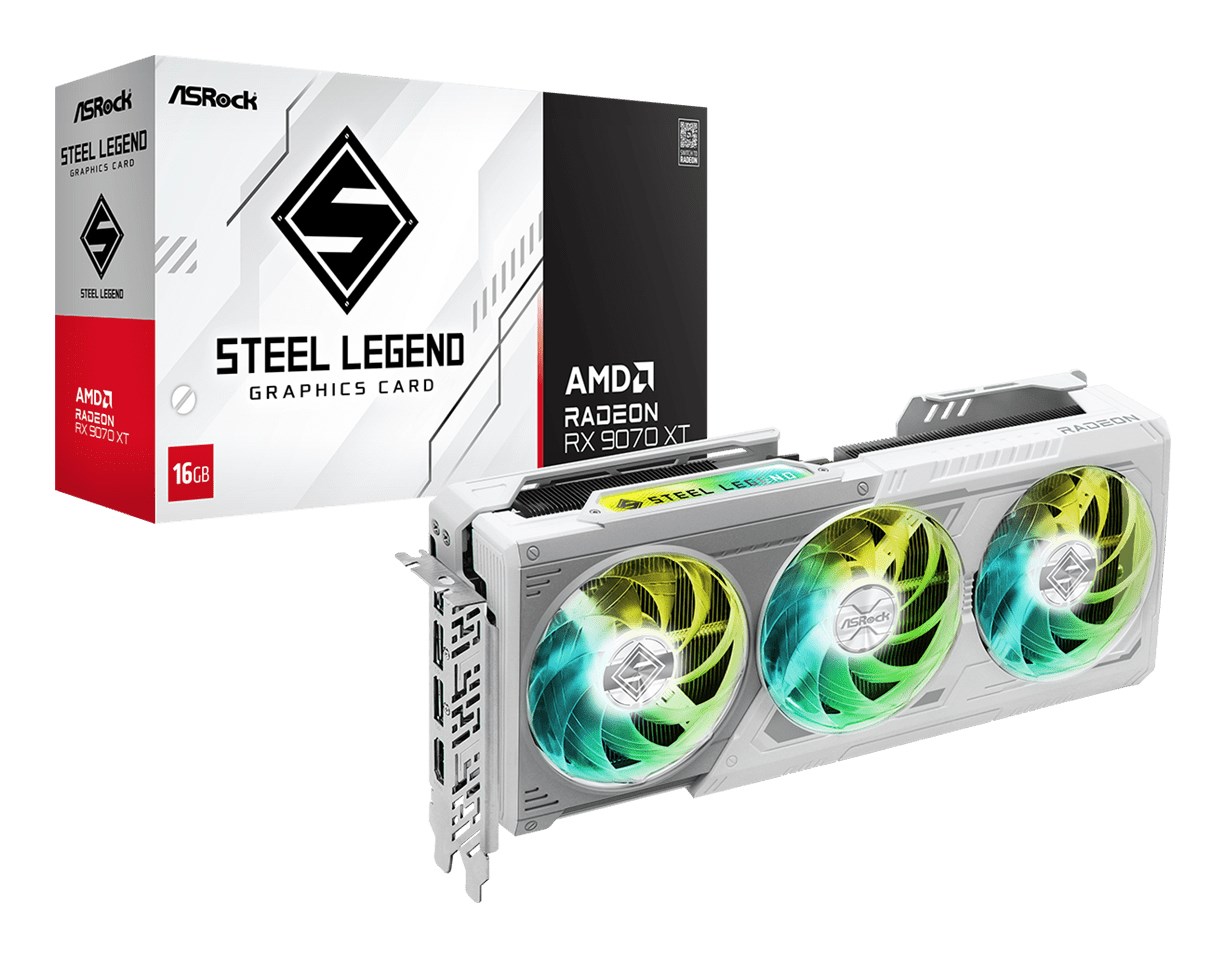 SCHEDA VIDEO PCI-EXPRESS ASROCK STEEL LEGEND RADEON RX 9070 XT, 16GB DI MEMORIA GDDR6, MEMORY BUS 256BIT, TRIPLE FAN, 2X8 PIN, 1XHDMI E 3XDISPLAY PORT